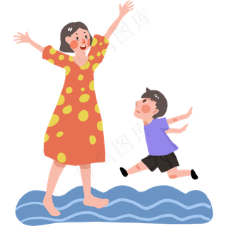 母亲节和妈妈一起玩耍的孩子手绘