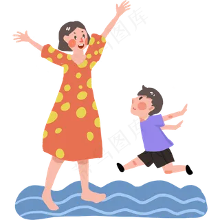 母亲节和妈妈一起玩耍的孩子手绘