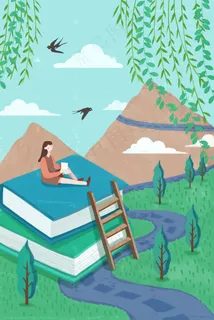 春日田野上读书的女孩