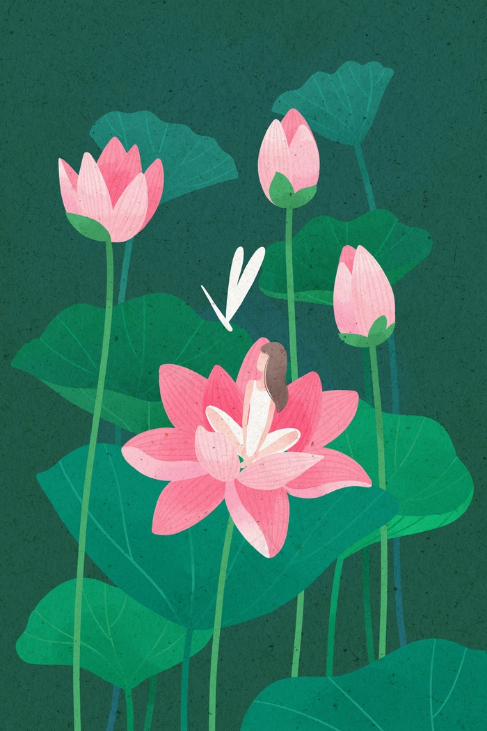 夏天女孩和蜻蜓在荷塘