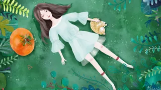 躺在草地上的女孩和她的宠物