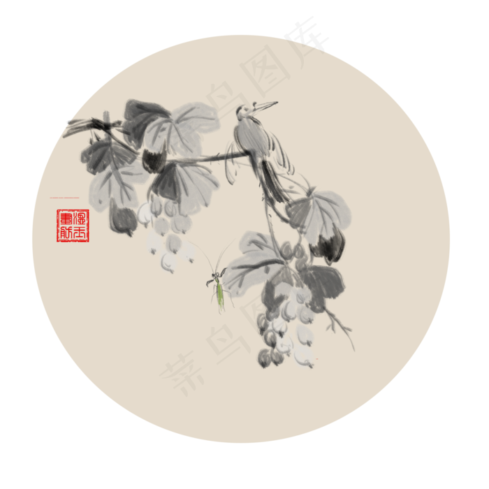 中国风古典水墨葡萄古风矢量图(2000X2000(DPI:300))psd模版下载