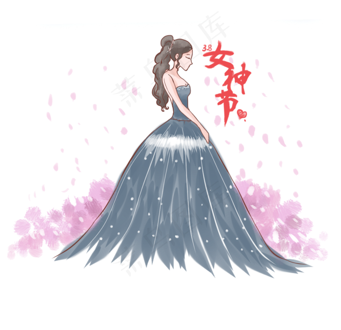 手绘女神节穿礼服的美丽女士,免抠元素