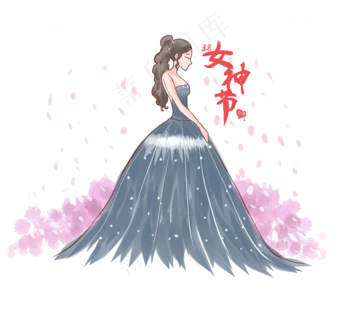 手绘女神节穿礼服的美丽女士,免抠元素(959X929(DPI:200))psd模版下载