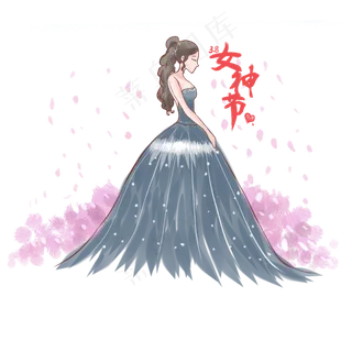 手绘女神节穿礼服的美丽女士,免抠元素