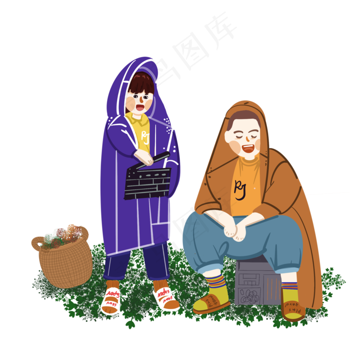 儿童节小男孩和小女孩在草地上玩