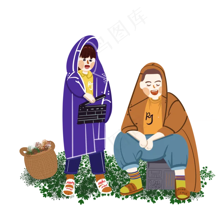 儿童节小男孩和小女孩在草地上玩