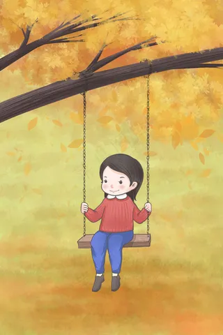 秋天落叶荡秋千卡通手绘