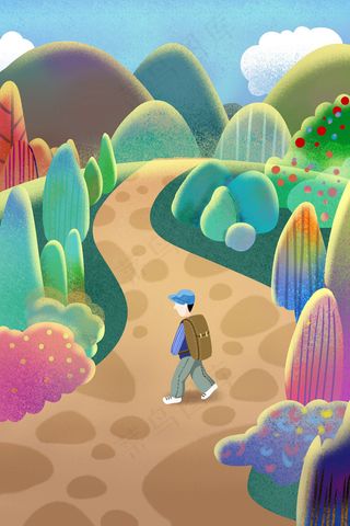 卡通手绘风夏景散步旅游风景配图