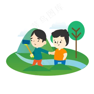 手绘可爱清明节朋友踏青出游