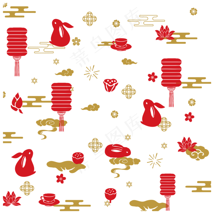 中秋红色金色灯笼月饼荷花云矢量