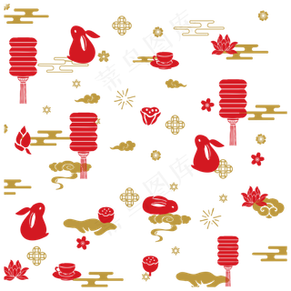 中秋红色金色灯笼月饼荷花云矢量