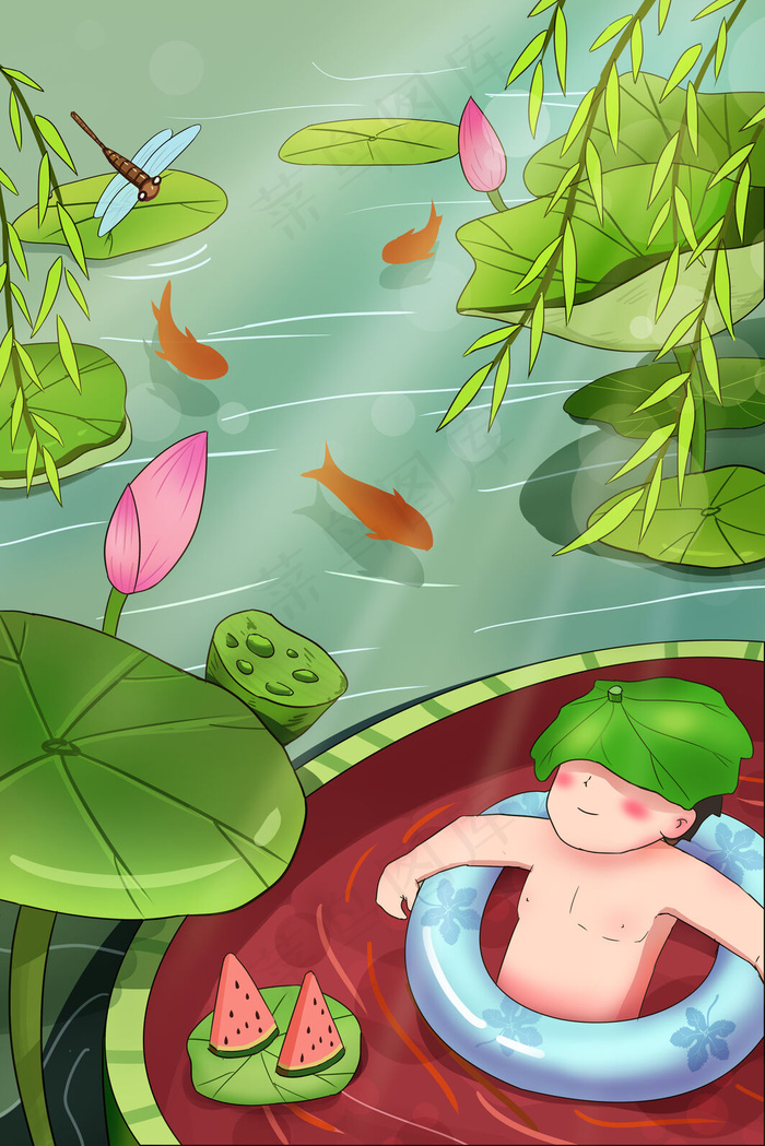 季节热点夏景男孩在西瓜里游泳