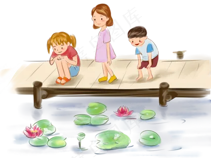 在桥上看荷花的三个小孩