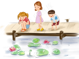 在桥上看荷花的三个小孩