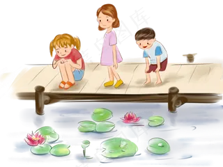 在桥上看荷花的三个小孩