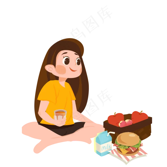 卡通小女孩吃水果免抠图(2000X2000(DPI:300))psd模版下载