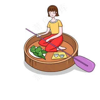 端午节暖色系划船女孩卡通免扣