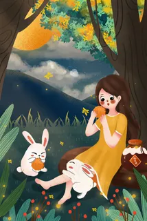 中秋节快乐女孩和兔子赏月吃月饼 中秋节快乐女孩和兔子赏月吃月饼
