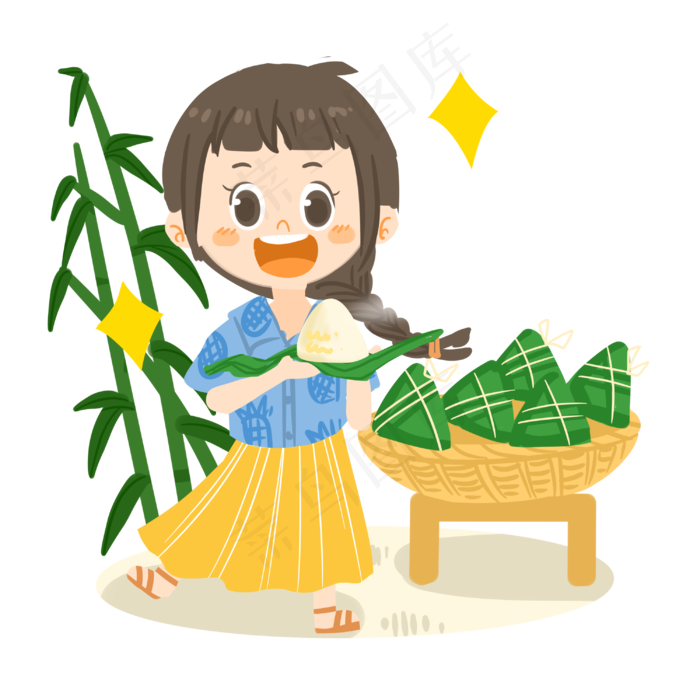 端午节卡通女孩剥粽子PNG素材