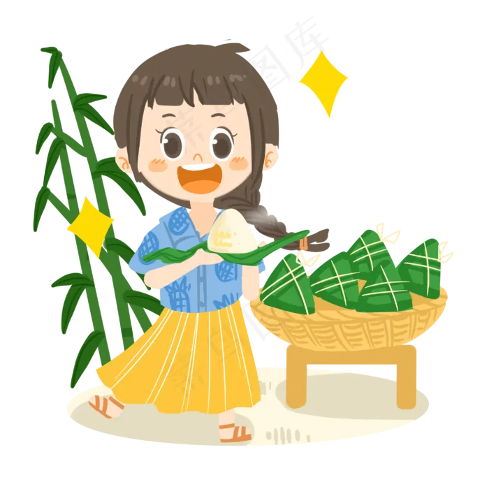 端午节卡通女孩剥粽子PNG素材(3000X3000(DPI:300))psd模版下载