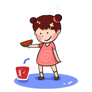 夏天吃西瓜喝汽水的女孩