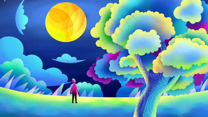 蓝色系卡通手绘风缤纷色彩配图