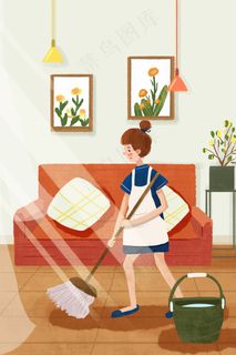 劳动节在家拖地板小清新