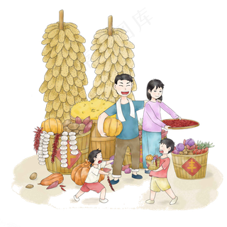 秋季秋日玉米少年少女瓜果合家温,免抠元素