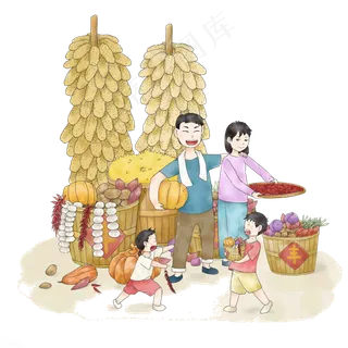 秋季秋日玉米少年少女瓜果合家温,免抠元素