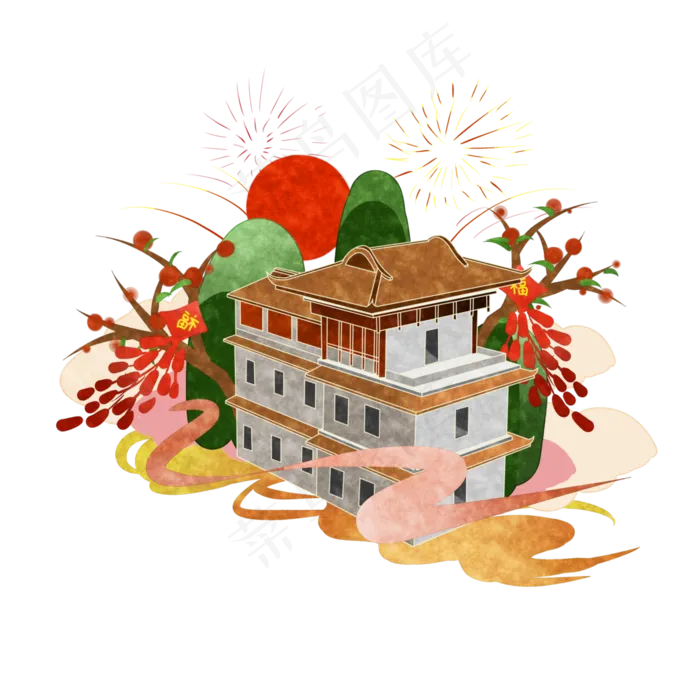 中国风国潮新春鞭炮装饰(3500X3500(DPI:300))psd模版下载