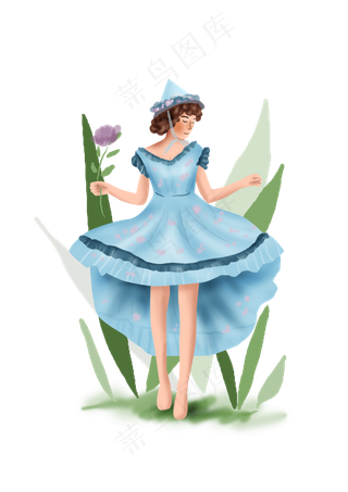 手绘穿公主裙的女孩,免抠元素