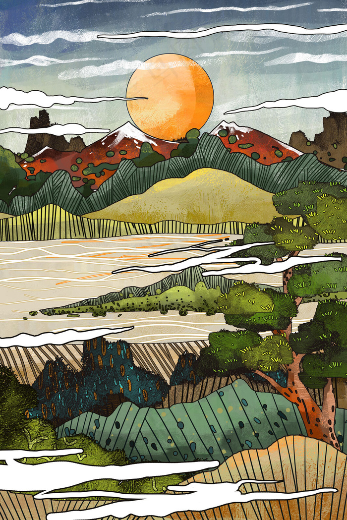 浮世绘风景手绘插画背景