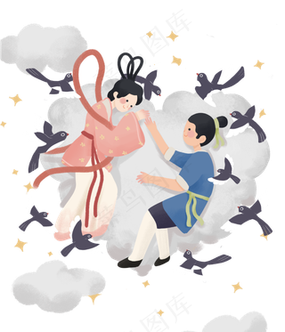 七夕情人节牛郎织女鹊桥相会,免抠元素