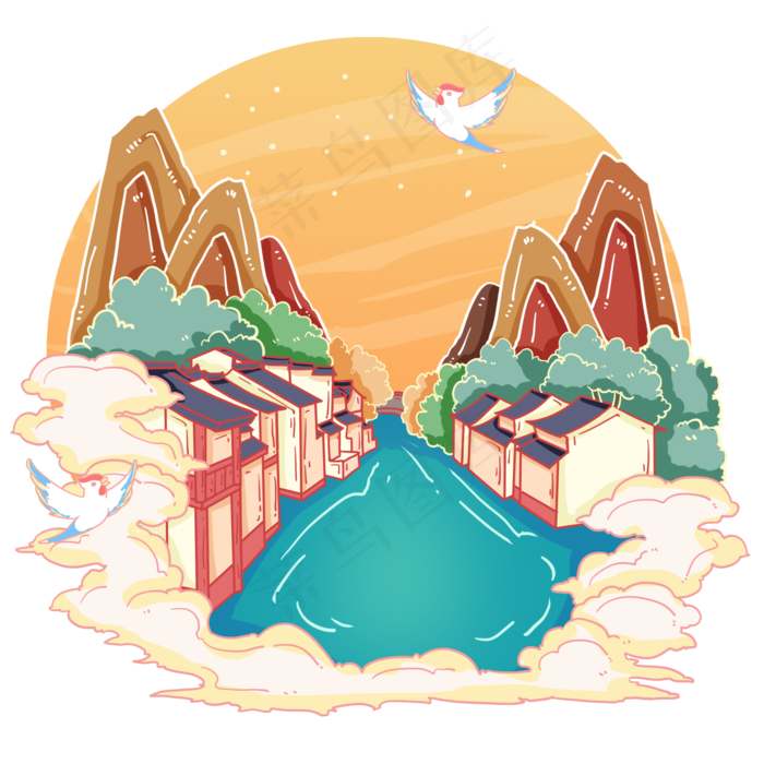 古风古镇南浔古镇国画风,免抠元素