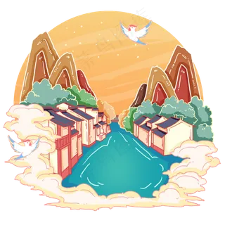 古风古镇南浔古镇国画风,免抠元素