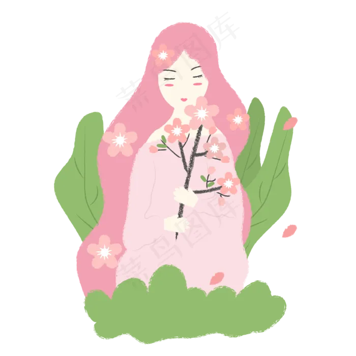 手拿樱花的长发女孩
