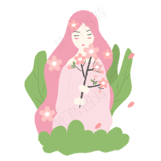 手拿樱花的长发女孩