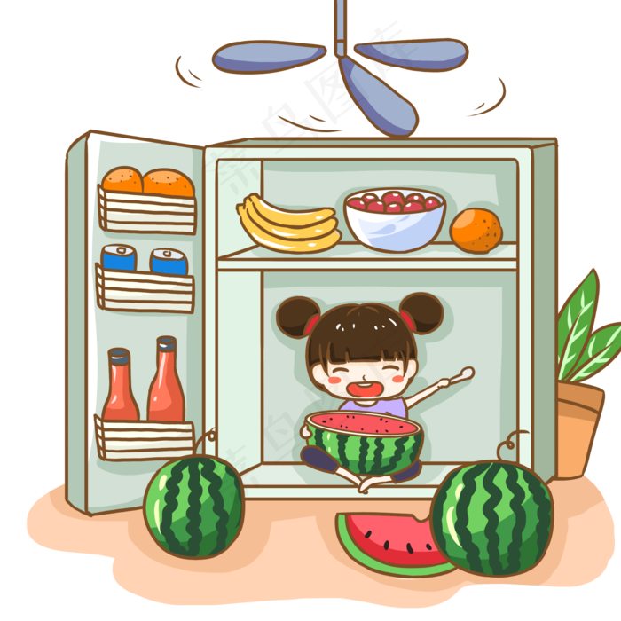 小暑绿色卡通元素吃西瓜