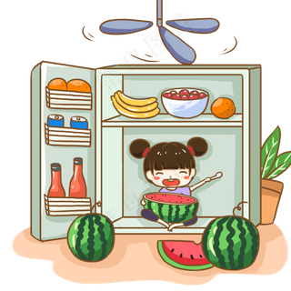 小暑绿色卡通元素吃西瓜