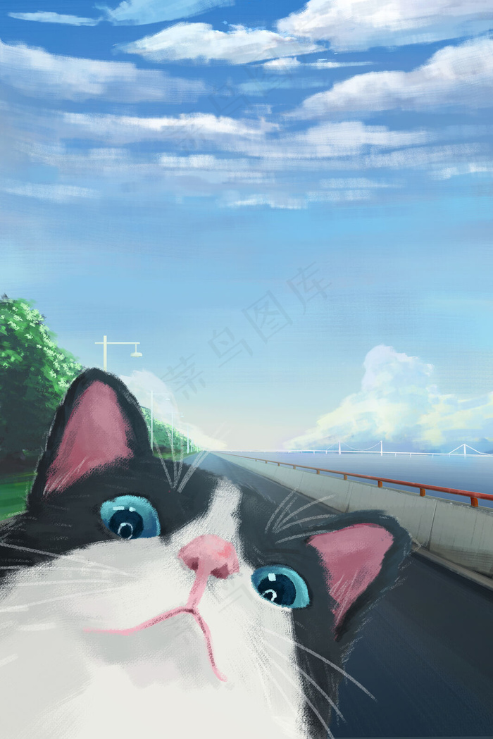 蓝天白云与自拍的猫(3545*5315px 300 dpi )psd模版下载
