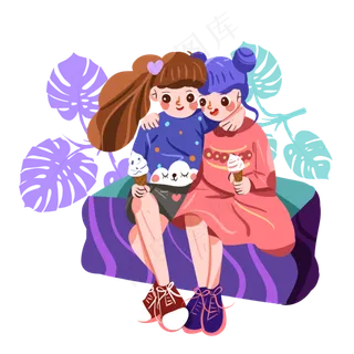 儿童节依靠在一起的可爱小姐妹手