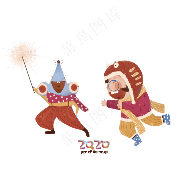 2020可爱少女鼠年新春放烟花,免抠元素