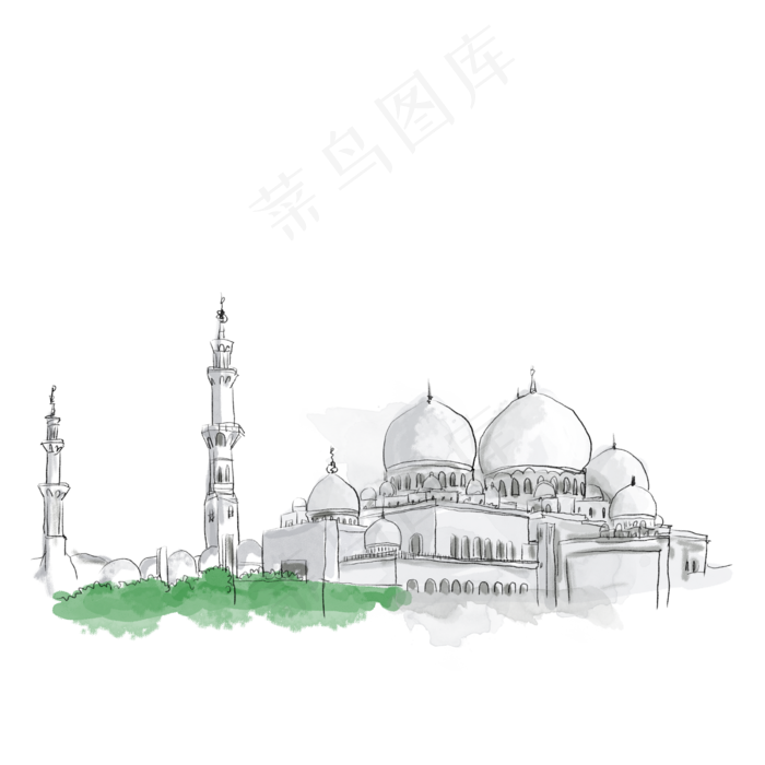 手绘麦加大清真寺水彩插画