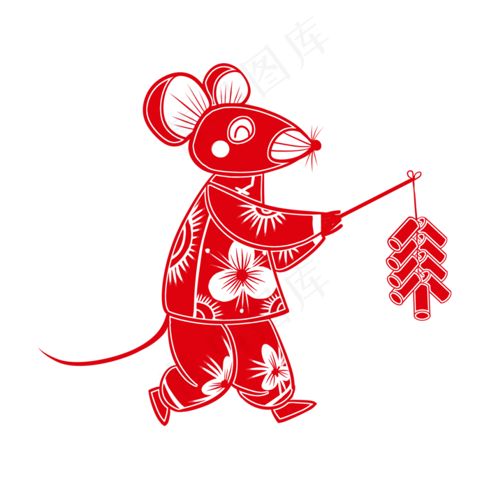 老鼠放鞭炮鼠年剪纸风,免抠元素(2000X2000(DPI:300))psd模版下载