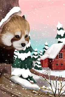 雪天小浣熊藏身树洞冬景