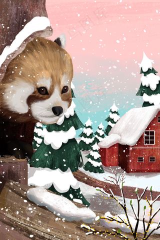 雪天小浣熊藏身树洞冬景