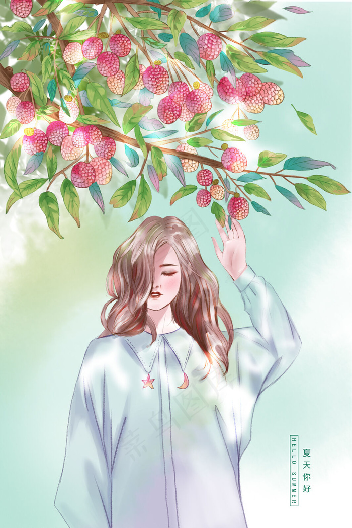 夏天你好荔枝树下的女孩(3545*5315px 300 dpi )psd模版下载