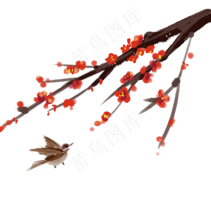 冬季梅花水墨画花鸟古风,免抠元素(2000X2000(DPI:300))psd模版下载