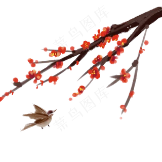 冬季梅花水墨画花鸟古风,免抠元素